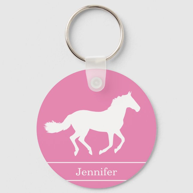 White Horse Silhouette Rosa Background med Namn Nyckelring (Framsida)