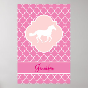 White Horse Silhouette Rosa Quatrefoil med Namn Poster