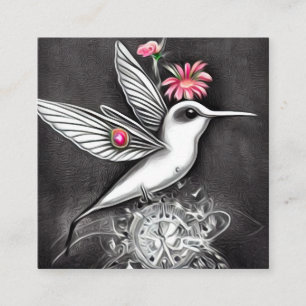 White Hummingbird & Rosa Flowers Fyrkantigt Visitkort