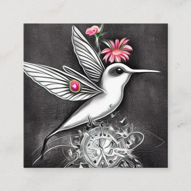 White Hummingbird & Rosa Flowers Fyrkantigt Visitkort (Framsida)