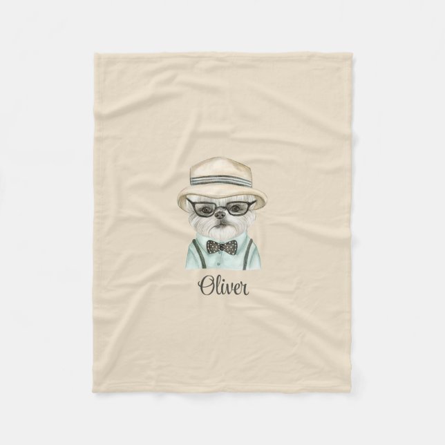 White Hund Malteser Pojke Roligt Puppy Fleecefilt (Framsidan)