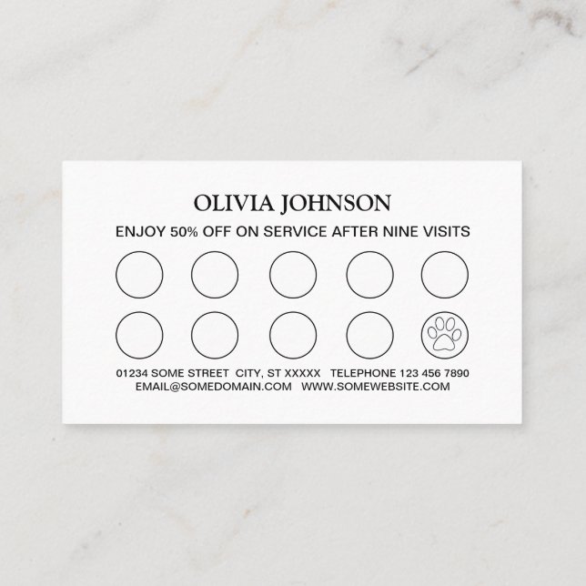 White Hund på Black Pet Grooming Service Lojalitetskort (Baksida)