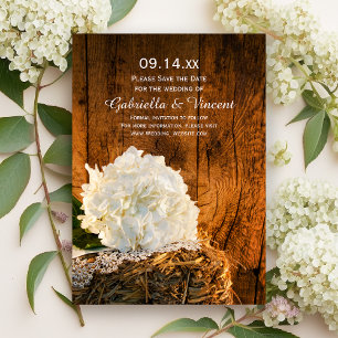 White Hydrangea Barn Wood Bröllop spara datum Datumet