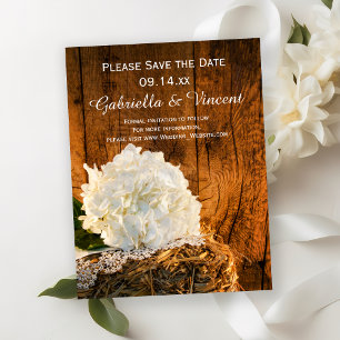 White Hydrangea Barn Wood Bröllop spara datum Datumet