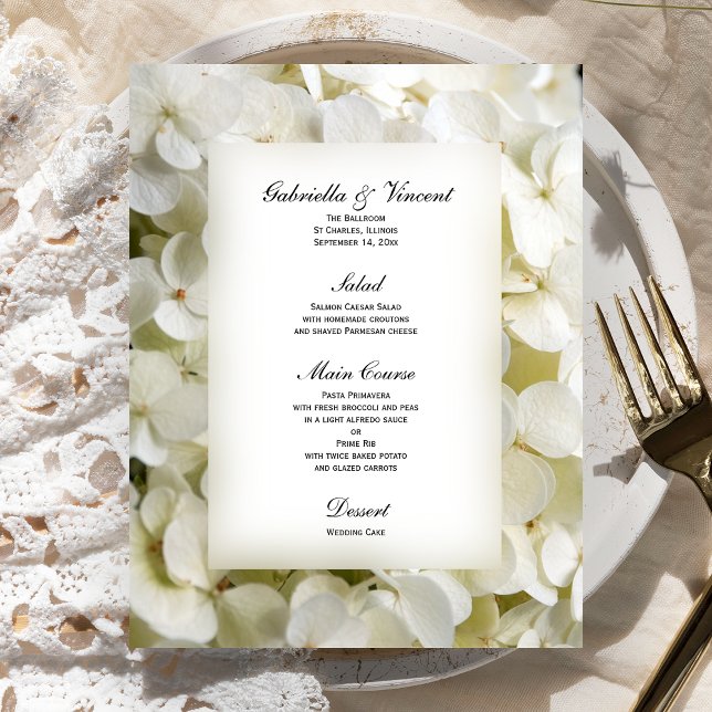 White Hydrangea Blommigt Bröllop Menu (Skapare uppladdad)