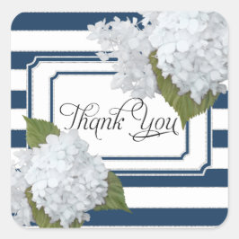 White Hydrangea Blommigt Nautical Navy Blue Stripe Fyrkantigt Klistermärke