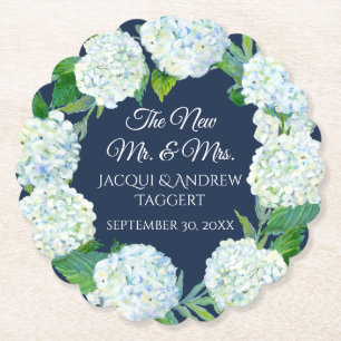 White Hydrangea Blommigt Navy Blue Bröllop Underlägg Papper