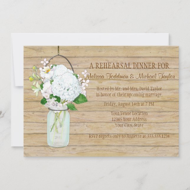 White Hydrangea Blommigt Rustic Mason Burk Flowers Inbjudningar (Framsida)