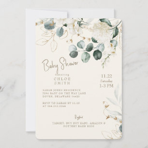 White Hydrangea Eucalyptus Cream Baby Shower Inbjudningar
