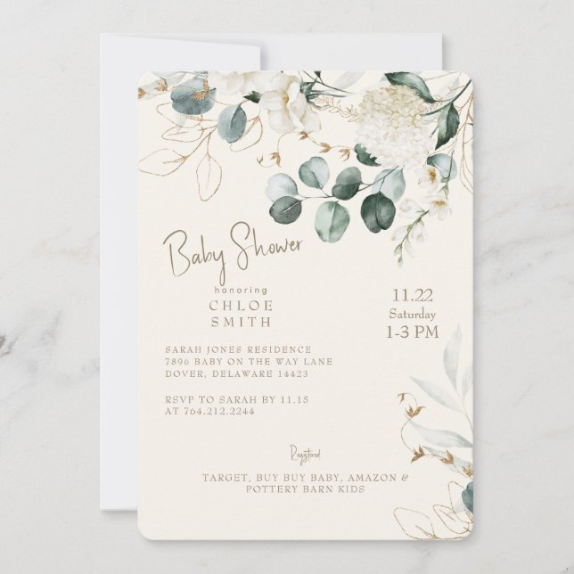 White Hydrangea Eucalyptus Cream Baby Shower Inbjudningar (Framsida)
