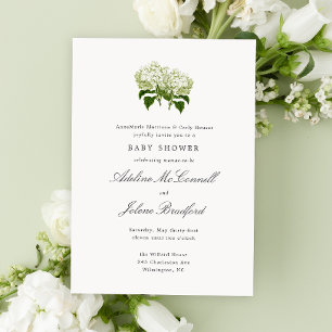 White Hydrangea GrandMillennium Dubbla Baby Shower Inbjudningar