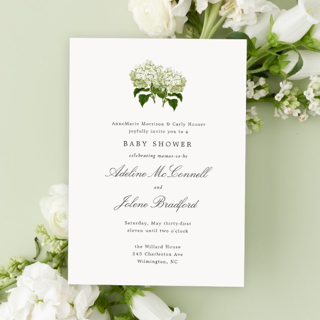 White Hydrangea GrandMillennium Dubbla Baby Shower Inbjudningar (double mama baby shower with green and white hydrangea flowers and elegant grand millennial text)