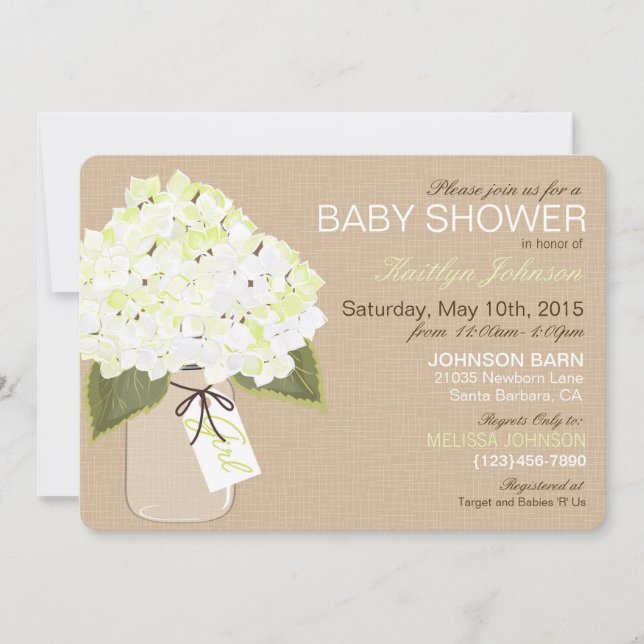 White Hydrangea Mason Burk Rustic Baby Shower Inbjudningar (Framsida)