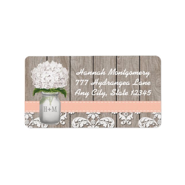 White Hydrangea Monogrammed Mason Burk i Peach Adressetikett (Framsidan)
