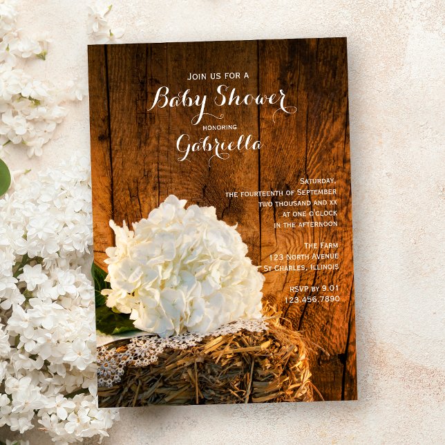White Hydrangea och Barn Wood Land Baby Shower Inbjudningar (Skapare uppladdad)