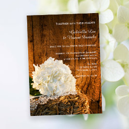 White Hydrangea och Barn Wood Landsbyggsbröllop Inbjudningar