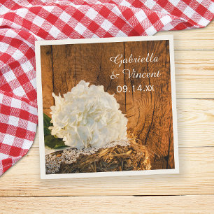 White Hydrangea och Barn Wood Landsbyggsbröllop Pappersservett