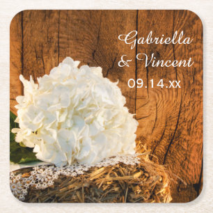 White Hydrangea och Barn Wood Landsbyggsbröllop Underlägg Papper Kvadrat