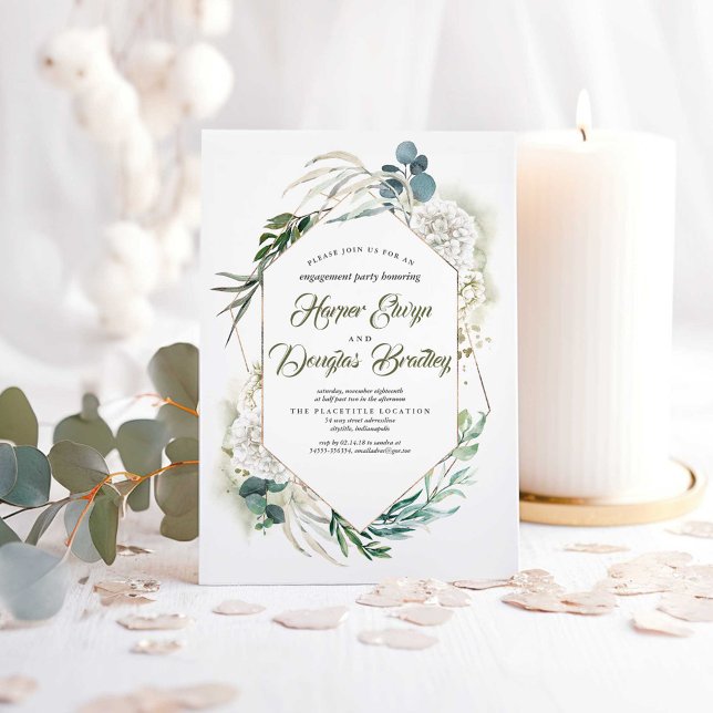 White Hydrangea och Greenery Förlovningsfest Inbjudningar (Greenery Boho Engagement Party Invitations)