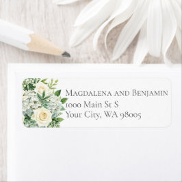 White Hydrangeas Roses Flowers Greenery Wedding Returadress Etikett