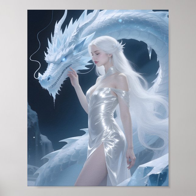 White Ice Dragon Queen Fantasy Silver Blue Poster (Framsidan)