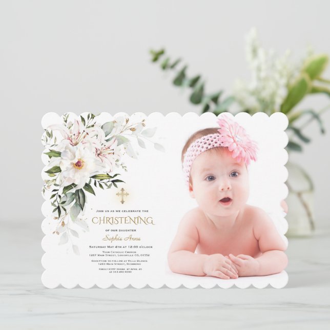 White Imperial Lily Ro Photo Girl Christening Inbjudningar (Stående Fram)