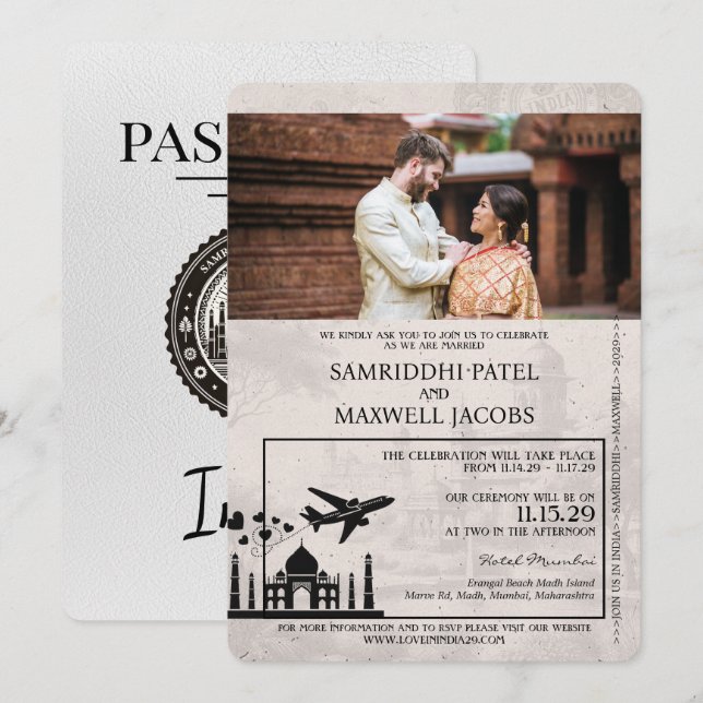 White India Passport bröllop-inbjudan Inbjudningar (Fram/baksida)