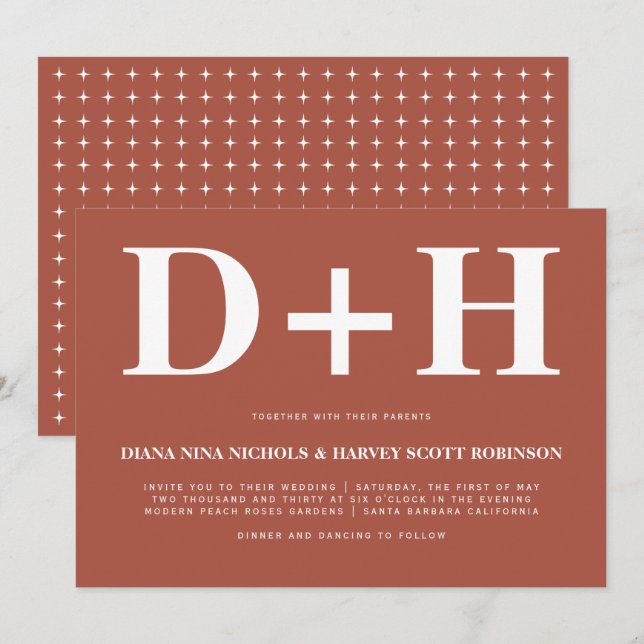 White initialer terracotta fet typografi bröllop inbjudningar (Fram/baksida)