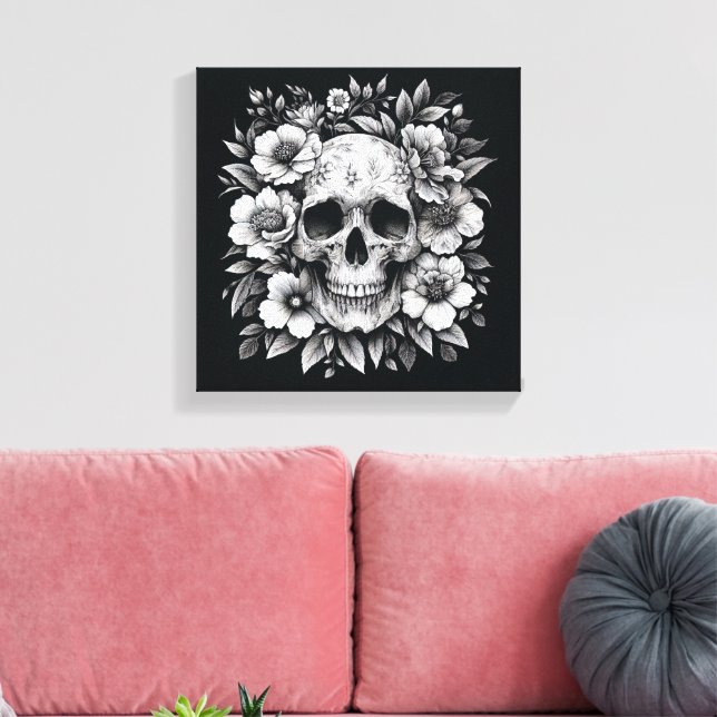 White Ink Floral Skull Gothic Wall Canvas (Insitu (Vardagsrum))