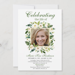 White Ivory Blommigt Boho Memorial Funeral Photo Inbjudningar