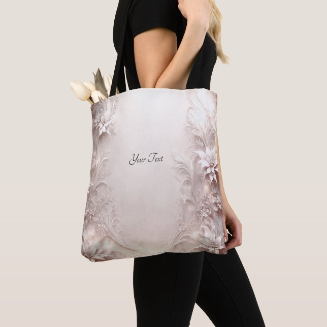 White Ivory Blommigt Tote Bag Tygkasse (Närbild)