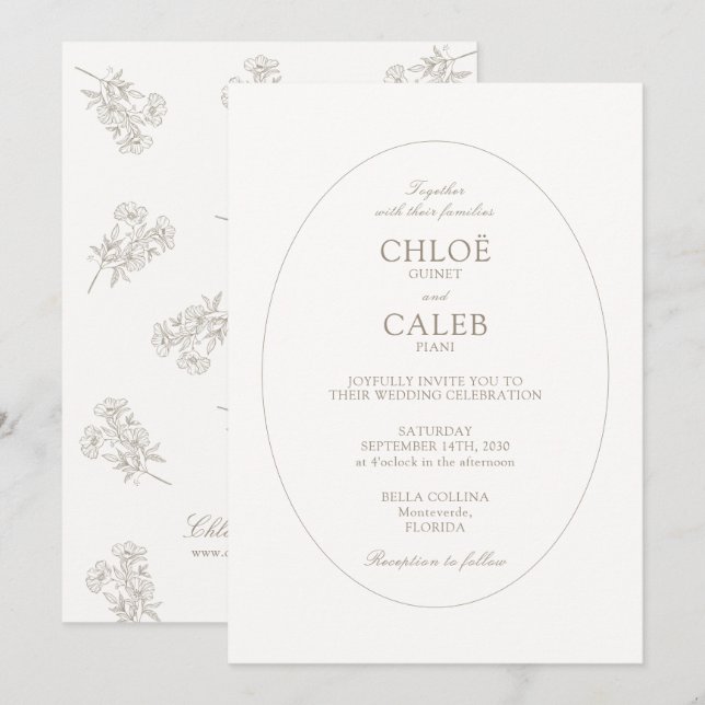 White Ivory | Chic Oval Botanical Wedding Inbjudningar (Fram/baksida)
