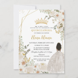 White Ivory Floral Brown Princess Gold Quinceanera Inbjudningar