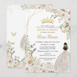 White Ivory Floral Princess Gold Quinceanera 15 XV Inbjudningar