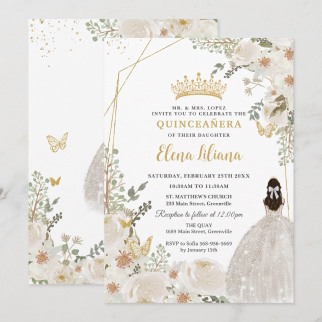 White Ivory Floral Princess Gold Quinceanera 15 XV Inbjudningar (Fram/baksida)