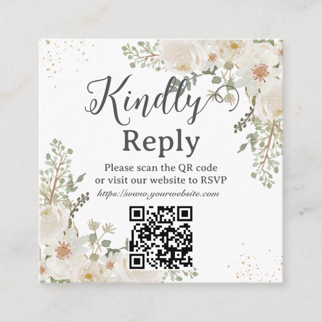 White Ivory Floral Wedding Bridal Shower QR RSVP Tilläggskort (Framsida)