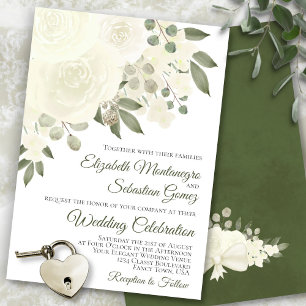 White Ivory Ro & Blommar Elegant bröllop Inbjudningar