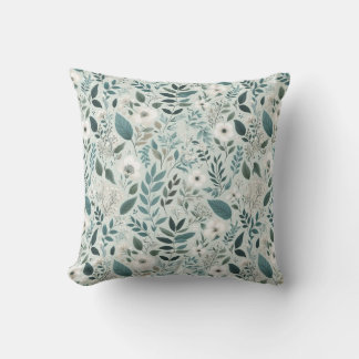 White Ivory Teal Watercolor Blommigt Kudde