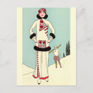 White Jacka med Skunk Trim av George Barbier Vykort