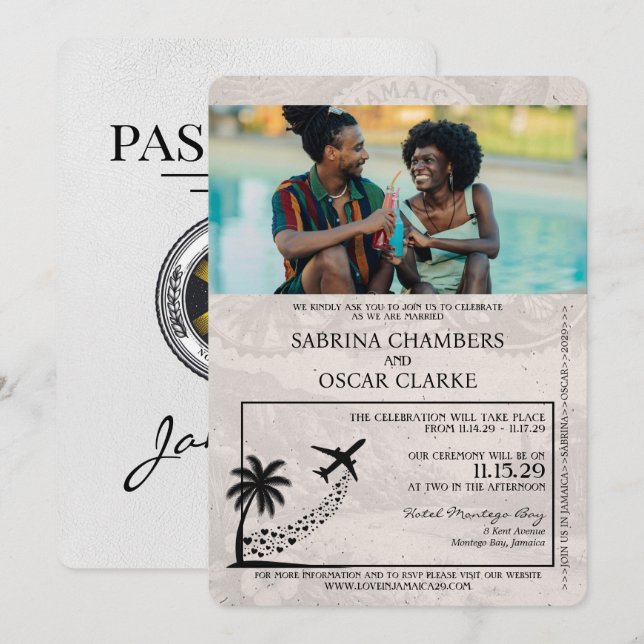 White Jamaica Passport Wedding bjudande Inbjudningar (Fram/baksida)