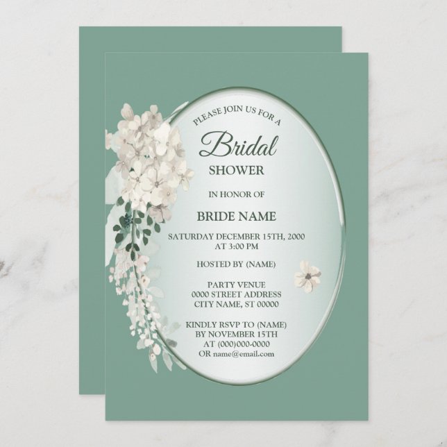 White Jasmine Floral Green Geometric Bridal Shower Inbjudningar (Fram/baksida)