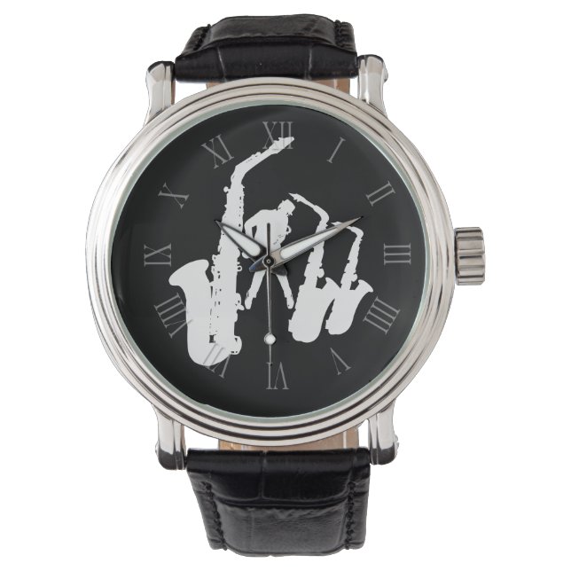 White Jazz Sax Jazzman Roman Numerals W3 Armbandsur (Framsida)