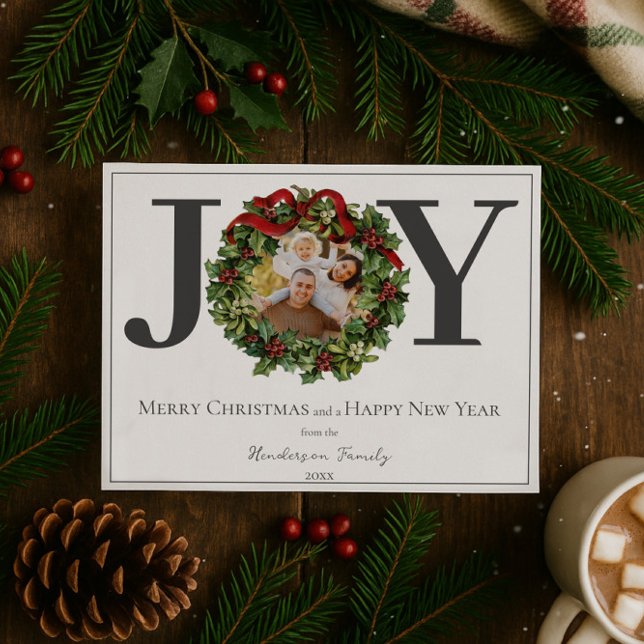 White Joy-julkransfoto Julkort (White Joy Christmas Wreath Photo Holiday Card)
