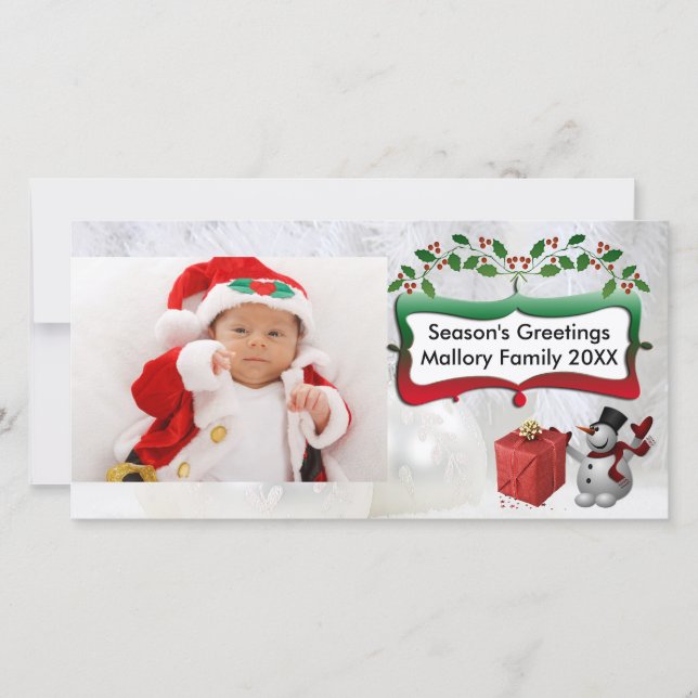 White Julafton Bollar, Snögubbe, Träd, Holly Julkort (Framsida)