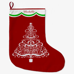 White Julgran på Red Personlig Stor Julstrumpa