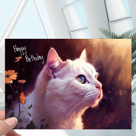 White Kattunge med Flowers + Butterfly Birthday Kort