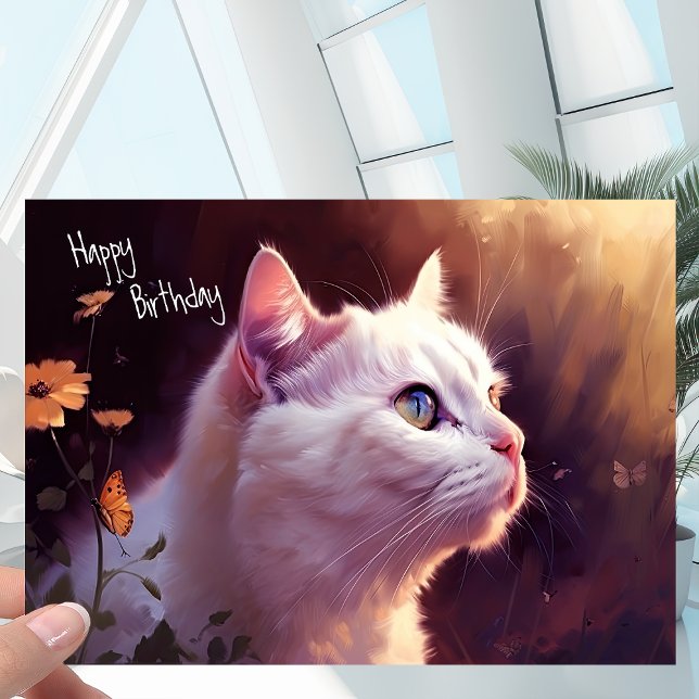 White Kattunge med Flowers + Butterfly Birthday Kort (Skapare uppladdad)