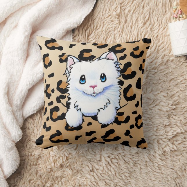 White Kattunge på Leopard Print Dekorativ kudde (Filt)