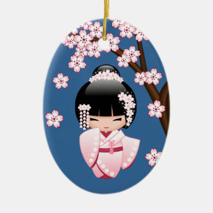 White Kimono Kokeshi Doll - Cute Geisha Girl Blue Julgransprydnad Keramik
