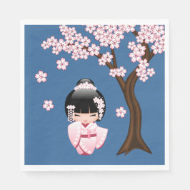 White Kimono Kokeshi Doll - Cute Geisha Girl Blue Pappersservett